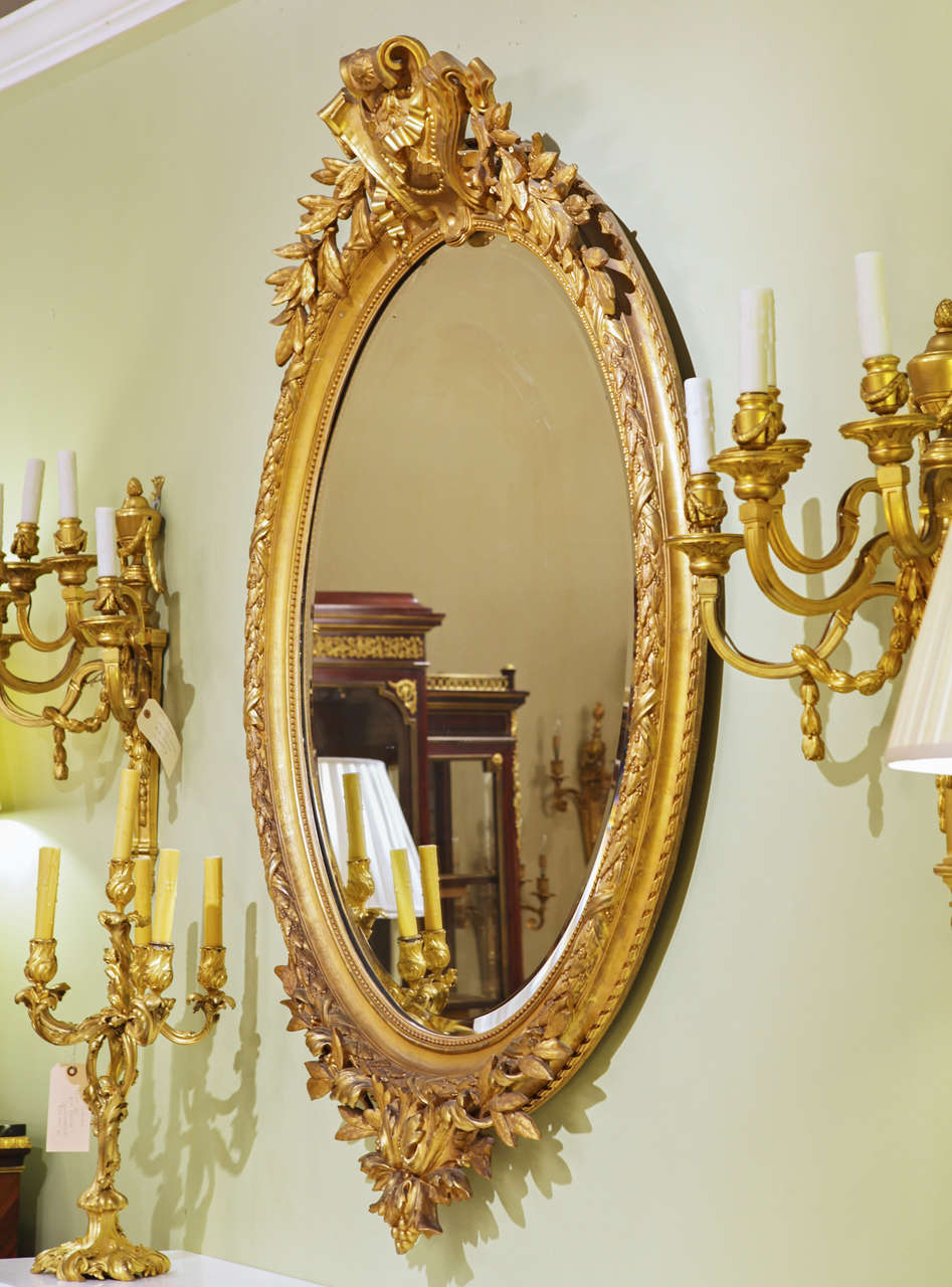 19th Century French Large Louis XVI Gilt Carved Oval Mirror 4